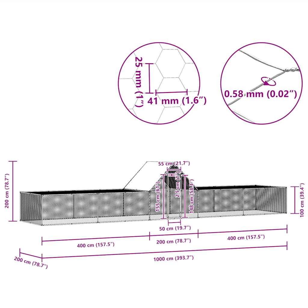 Hönsbur 10x2x2 m galvaniserat stål