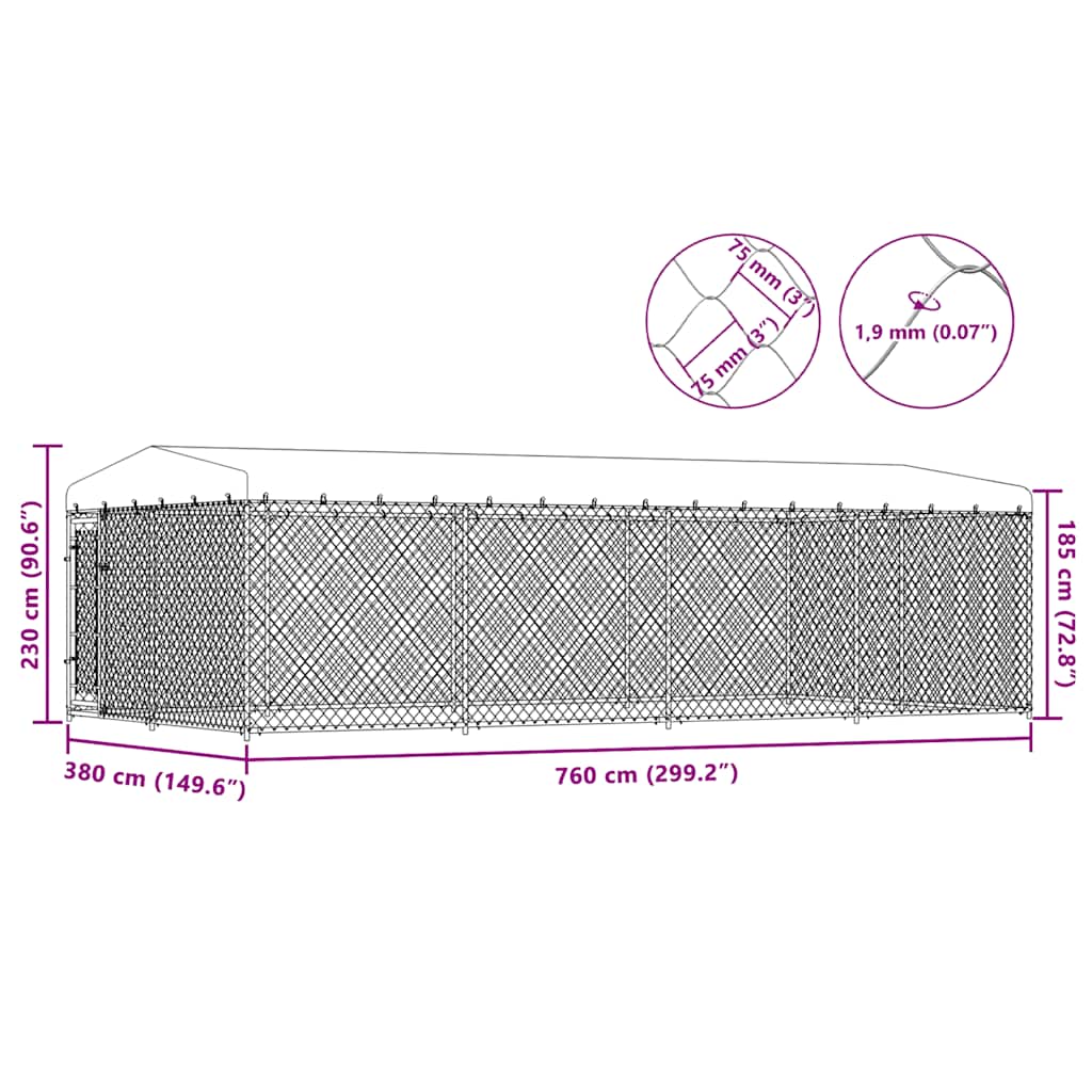 Hundgård med tak för utomhusbruk 7,6x3,8x2,3 m