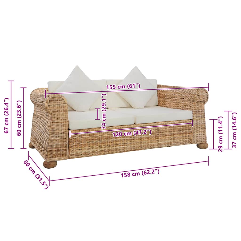 2-sitssoffa med dynor äkta rotting