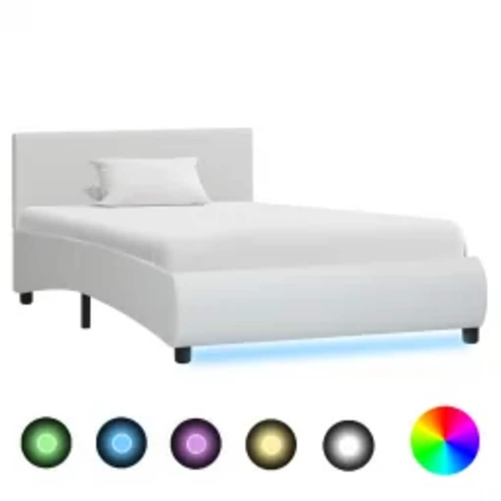 Sängram med LEDs utan madrass vit konstläder 90x200 cm