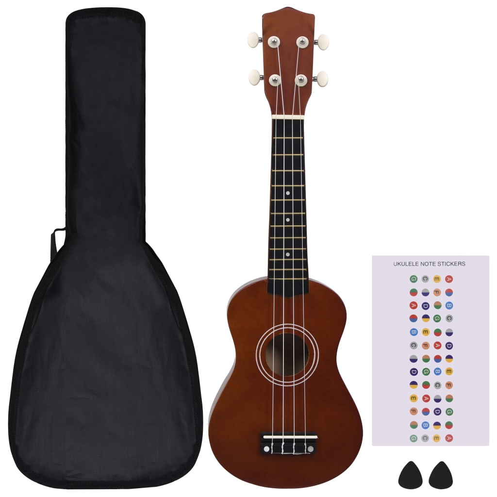 Ukulele med väska för barn sopran mörkt trä 21"