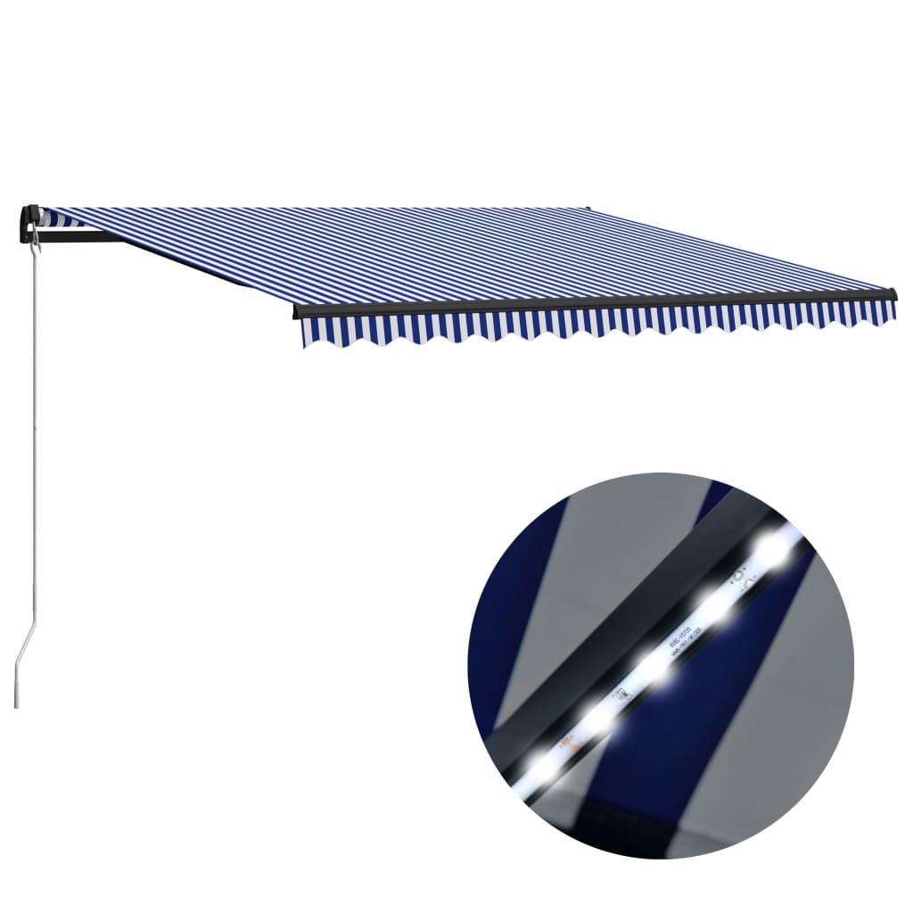 vidaXL Markis manuellt infällbar med LED 450x300 cm blå och vit