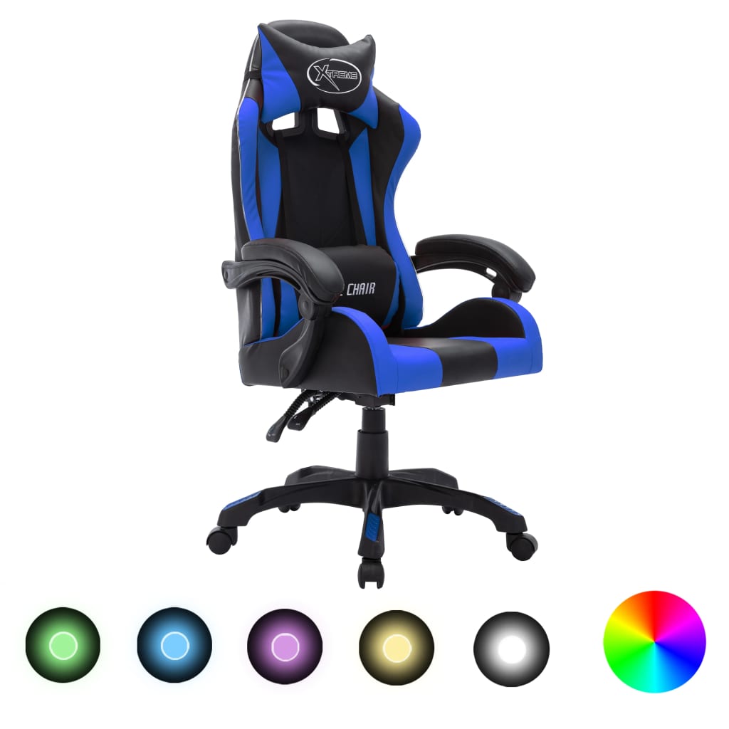 Gamingstol med RGB LED-lampor blå och svart konstläder