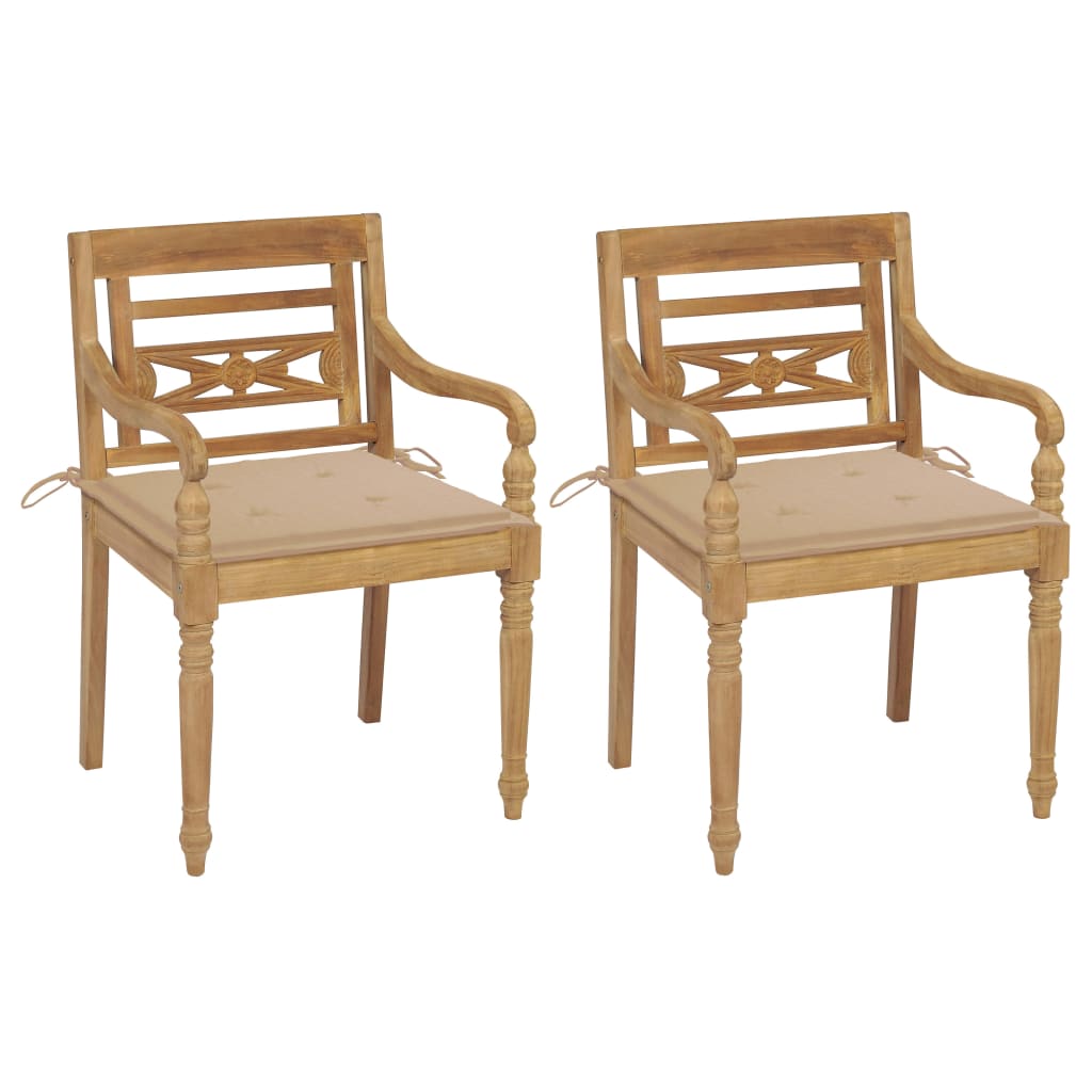 Bataviastolar 2 st med beige dynor massiv teak