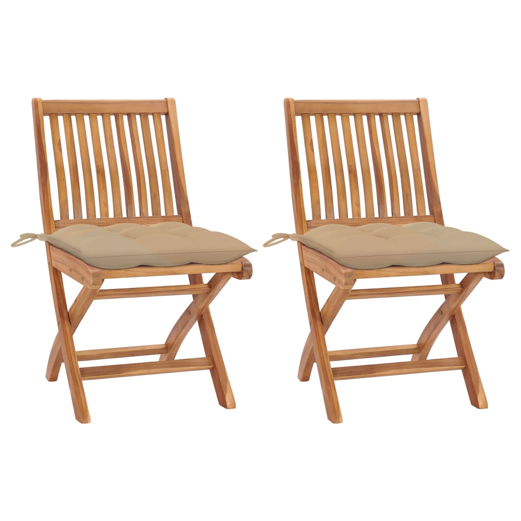 Hopfällbara stolar 2 st med beige dynor i massivt teakträ