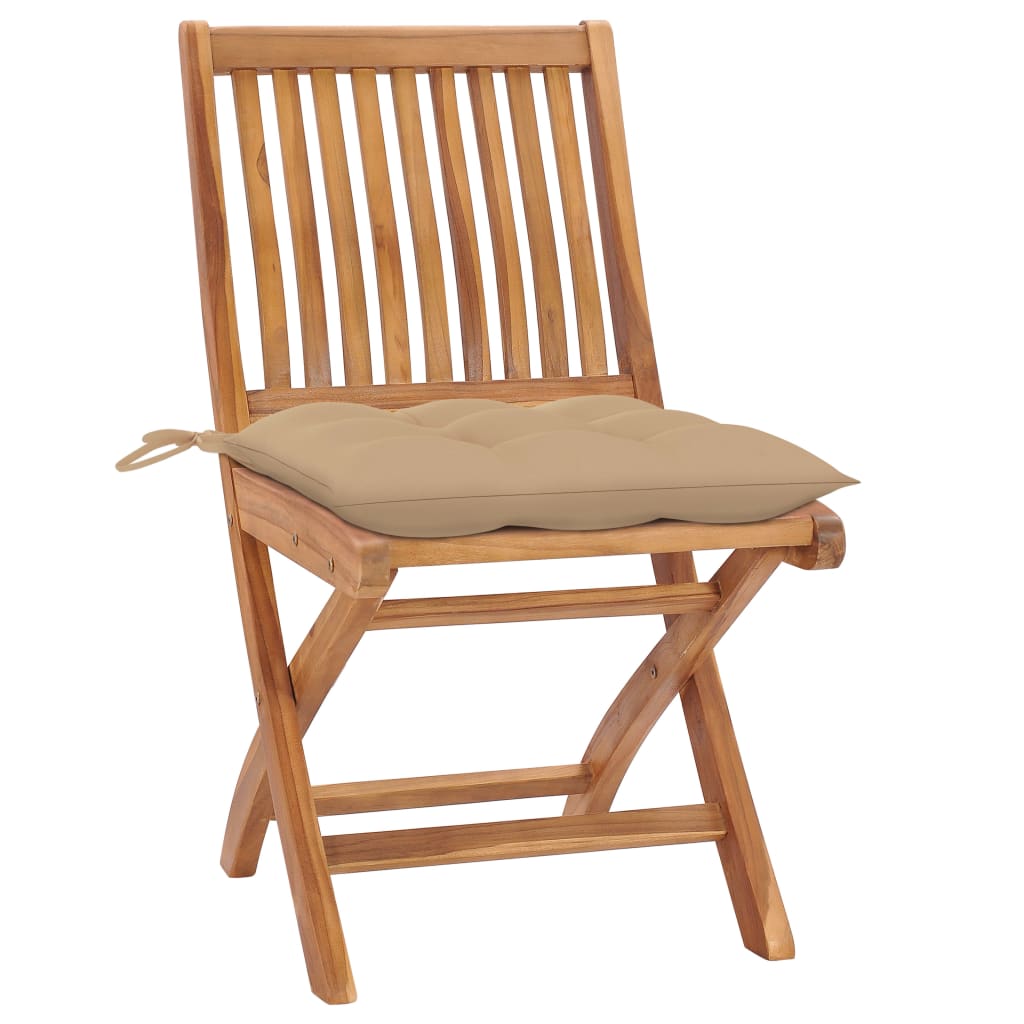 Hopfällbara stolar 2 st med beige dynor i massivt teakträ