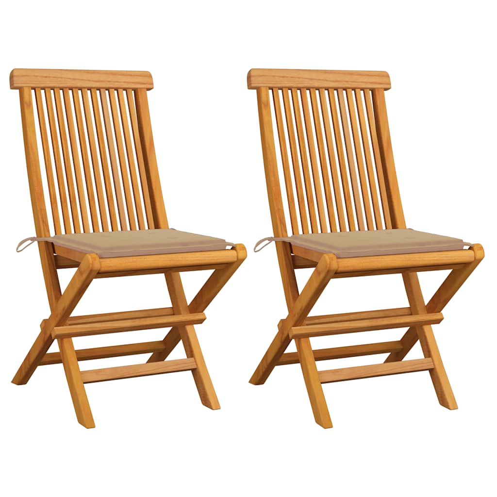 Hopfällbara stolar med beige dynor 2 st massivt teakträ