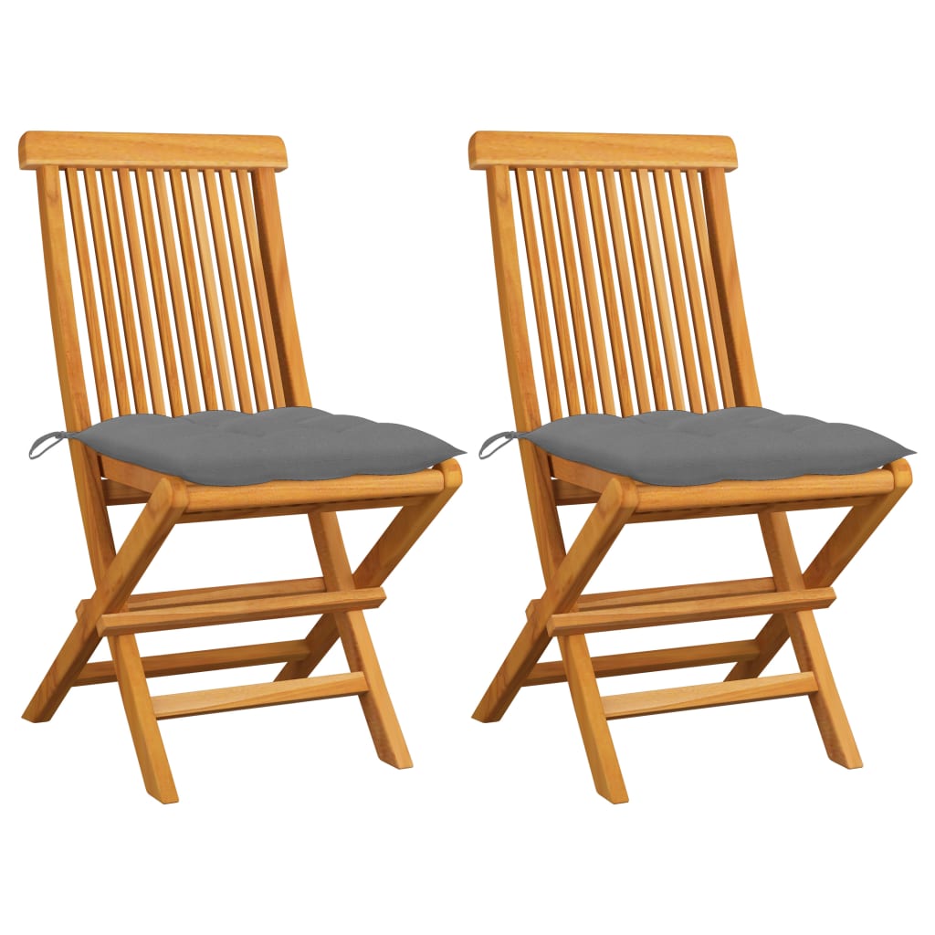 Hopfällbara stolar med grå dynor 2 st massiv teak