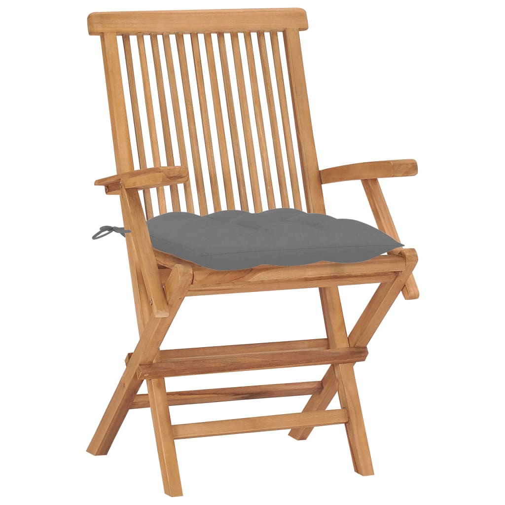 Hopfällbara stolar med grå dynor 2 st massiv teak
