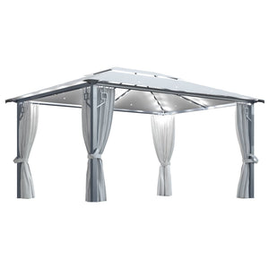 Paviljong med gardin & ljusslinga LED 4x3 m gräddvit aluminium