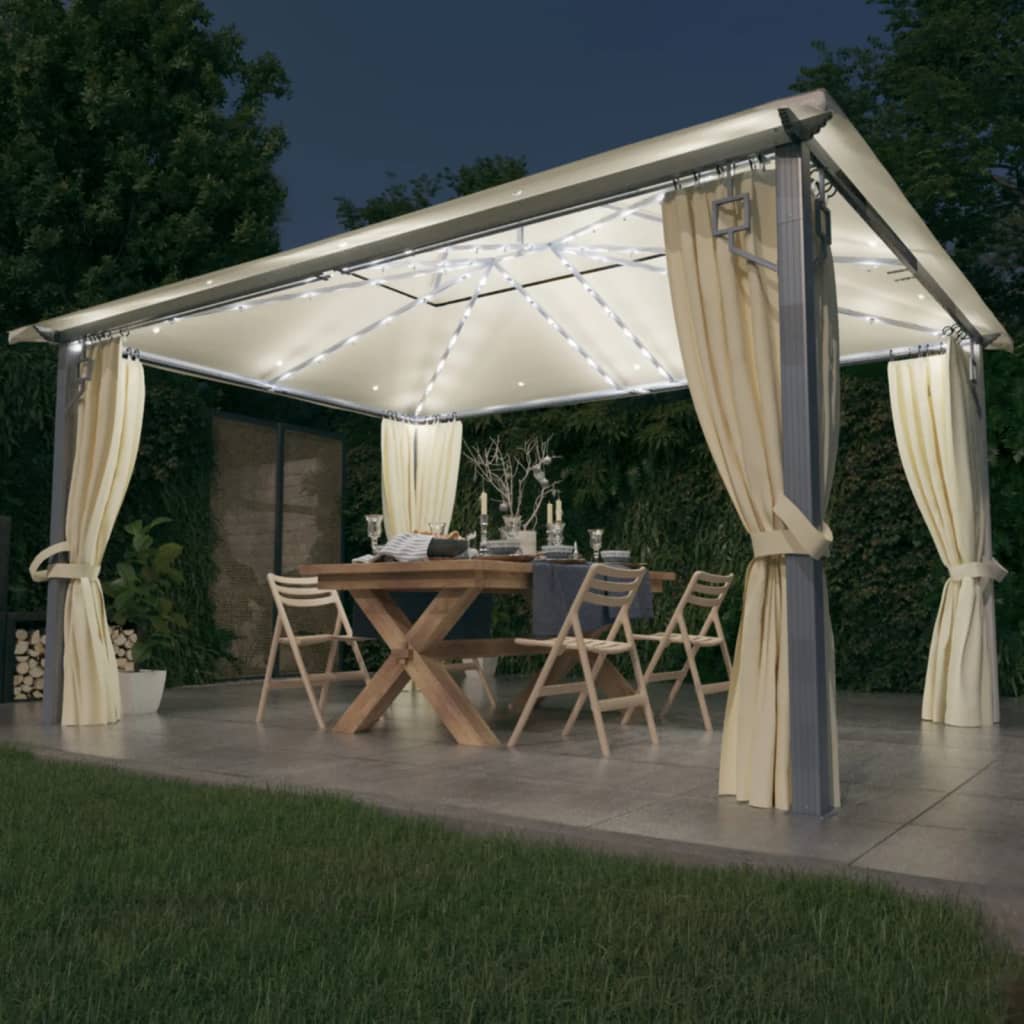 Paviljong med gardin & ljusslinga LED 4x3 m gräddvit aluminium
