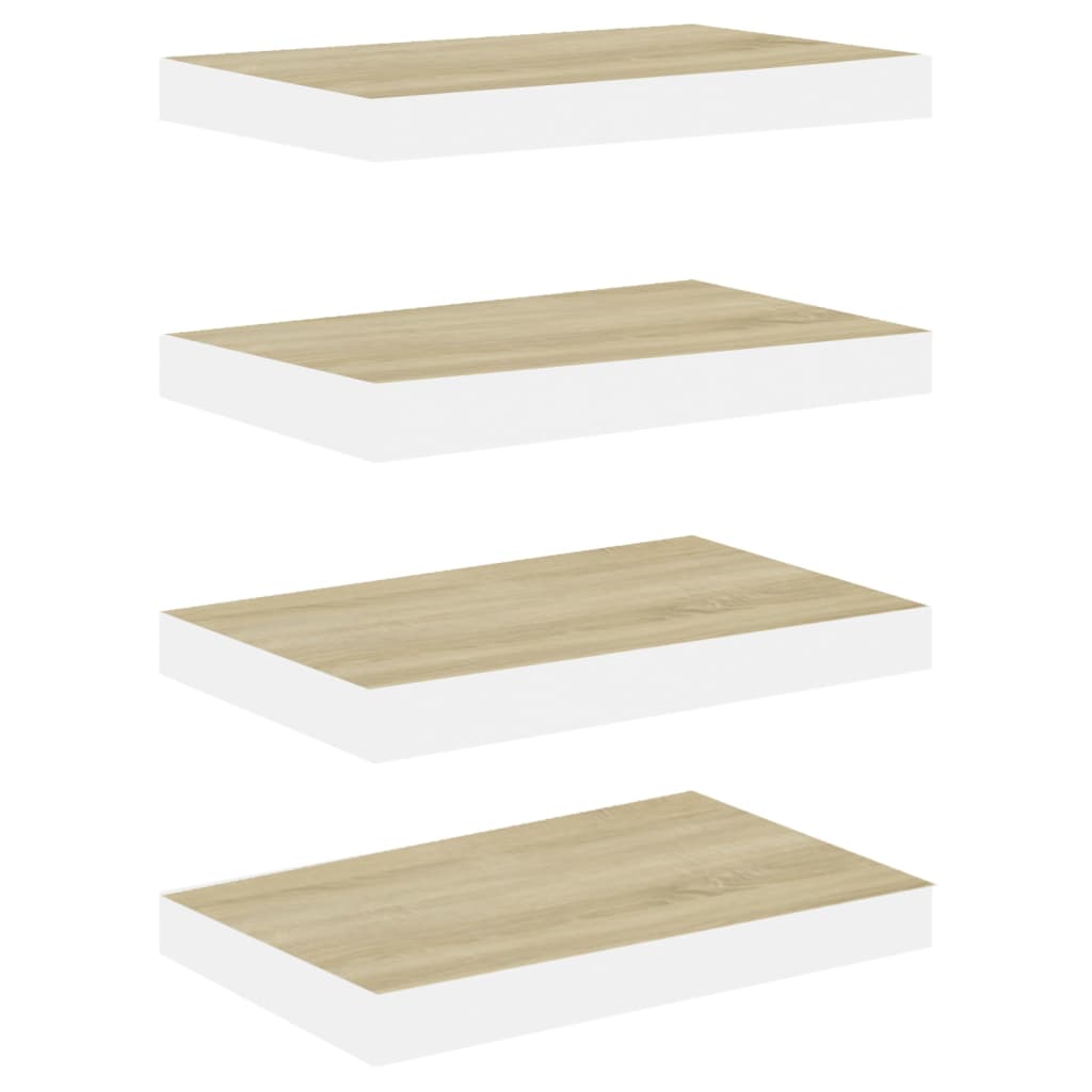 Svävande vägghyllor 4 st ek och vit 50x23x3,8 cm MDF