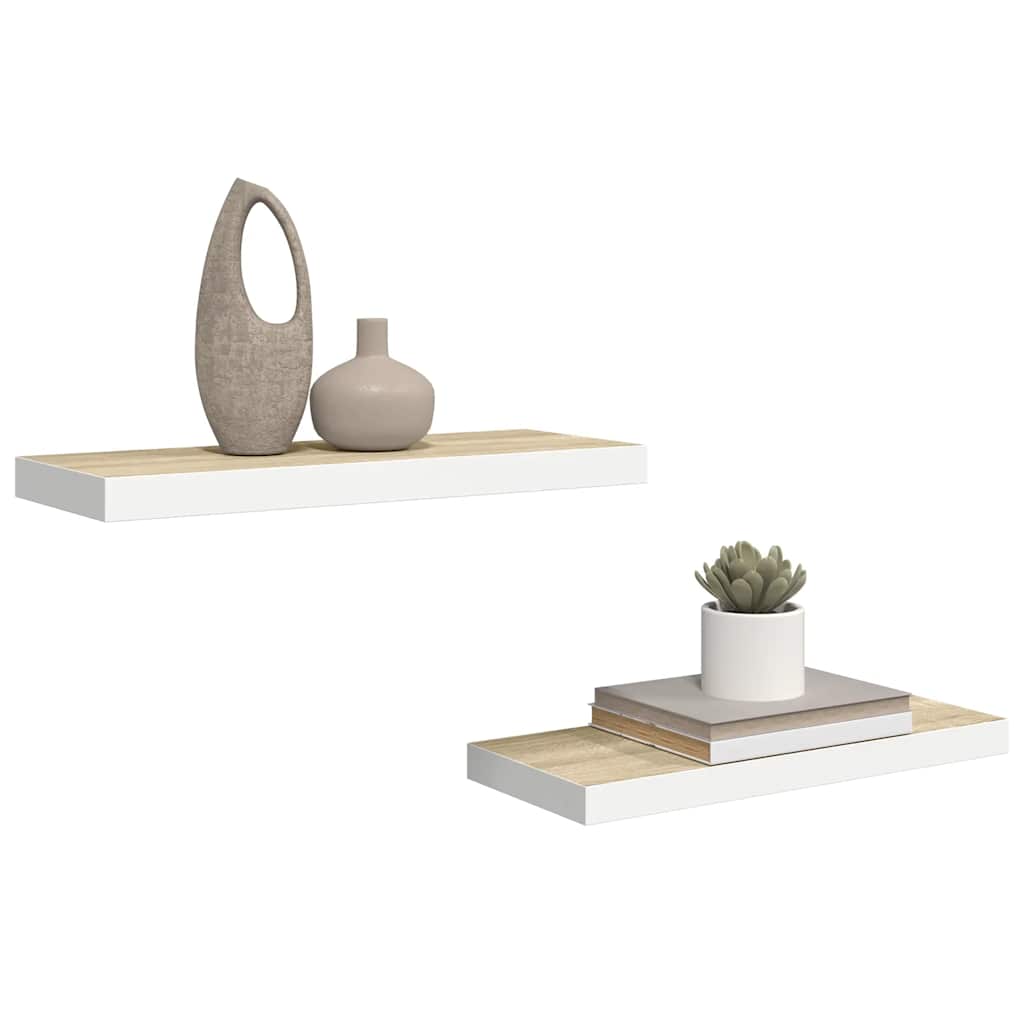Svävande vägghyllor 2 st ek och vit 60x23,5x3,8 cm MDF