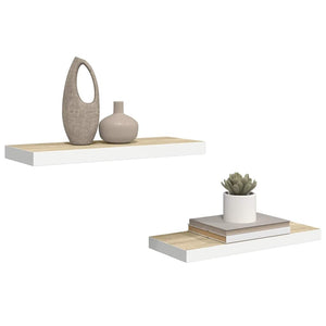 Svävande vägghyllor 2 st ek och vit 60x23,5x3,8 cm MDF