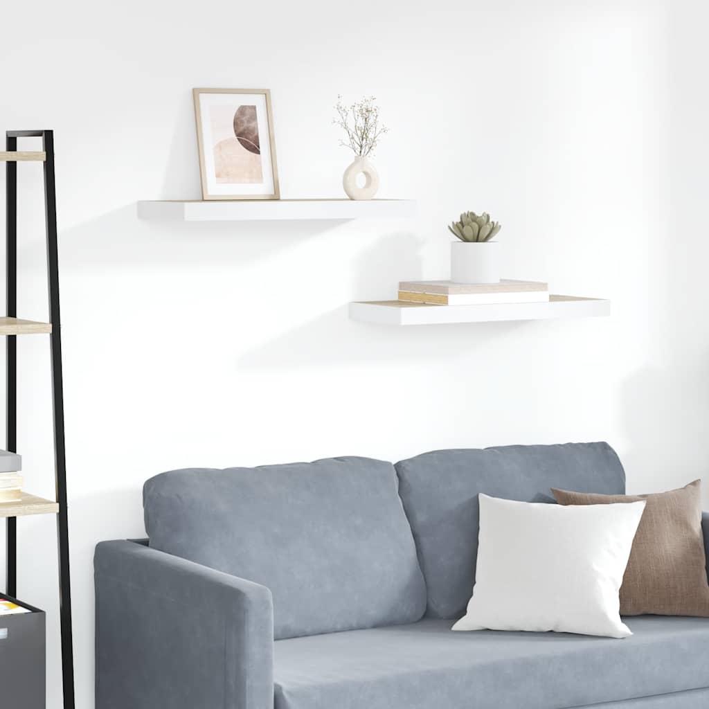 Svävande vägghyllor 2 st ek och vit 60x23,5x3,8 cm MDF