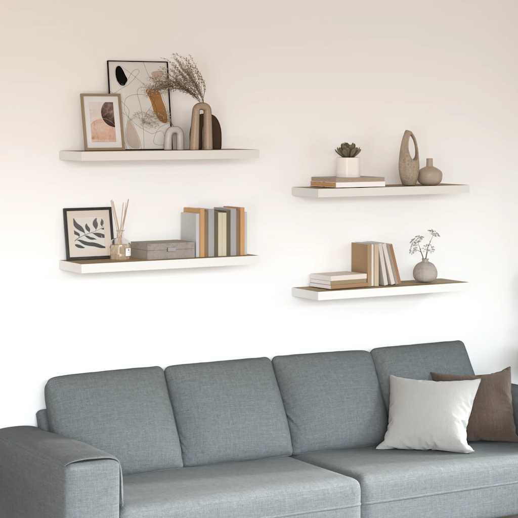 Svävande vägghyllor 4 st ek och vit 80x23,5x3,8 cm MDF