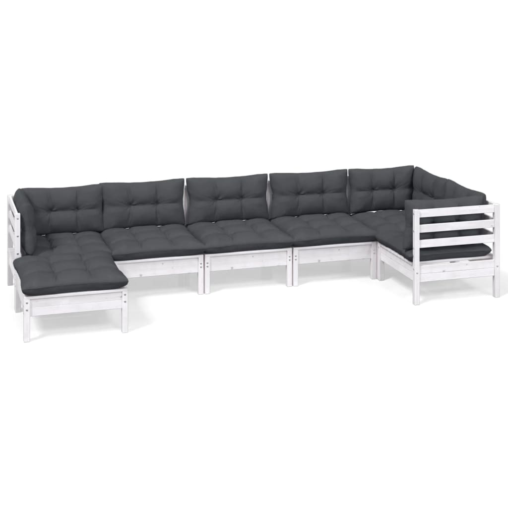 Loungegrupp med dynor 7 delar vit massiv furu