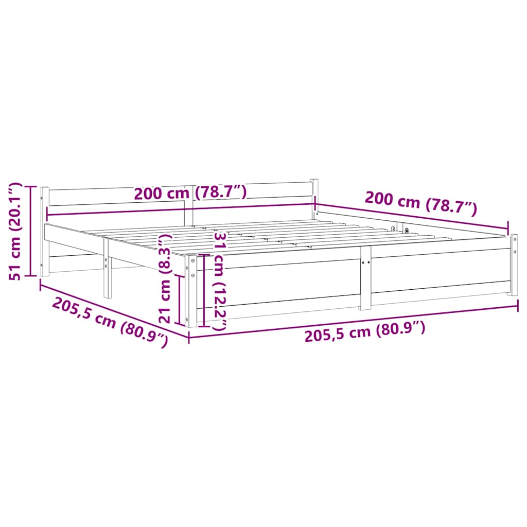 Sängram utan madrass massivt trä 200x200cm