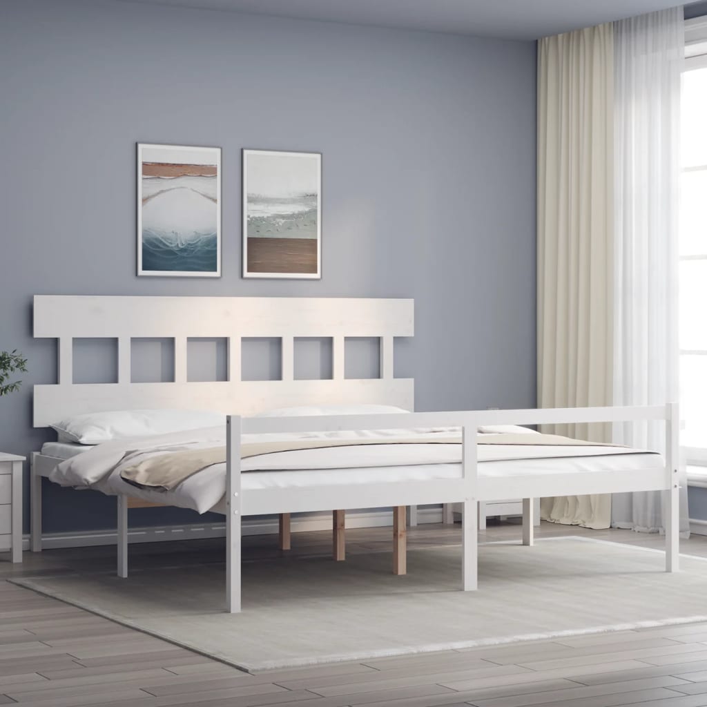 Sängram med sänggavel vit 200x200 cm massivt trä
