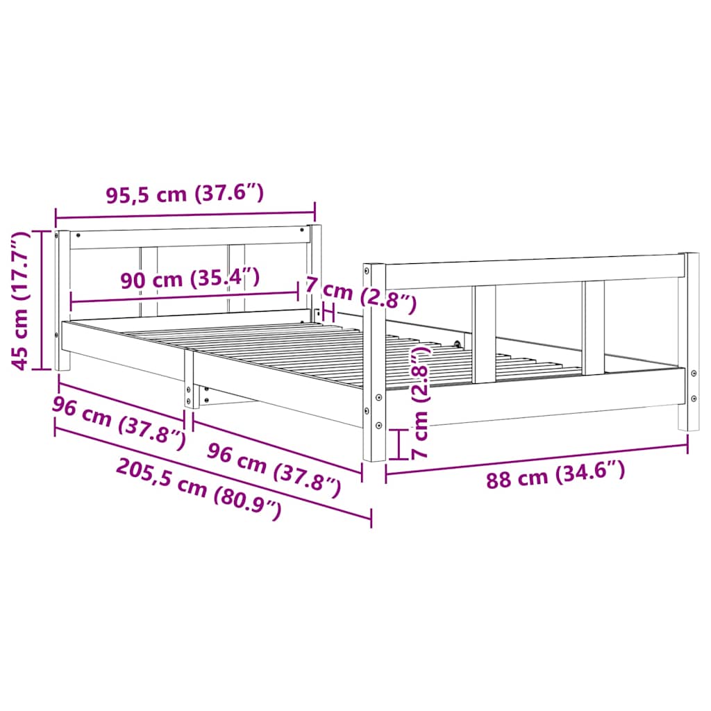 Sängram för barnsäng vit 90x200 cm massiv furu
