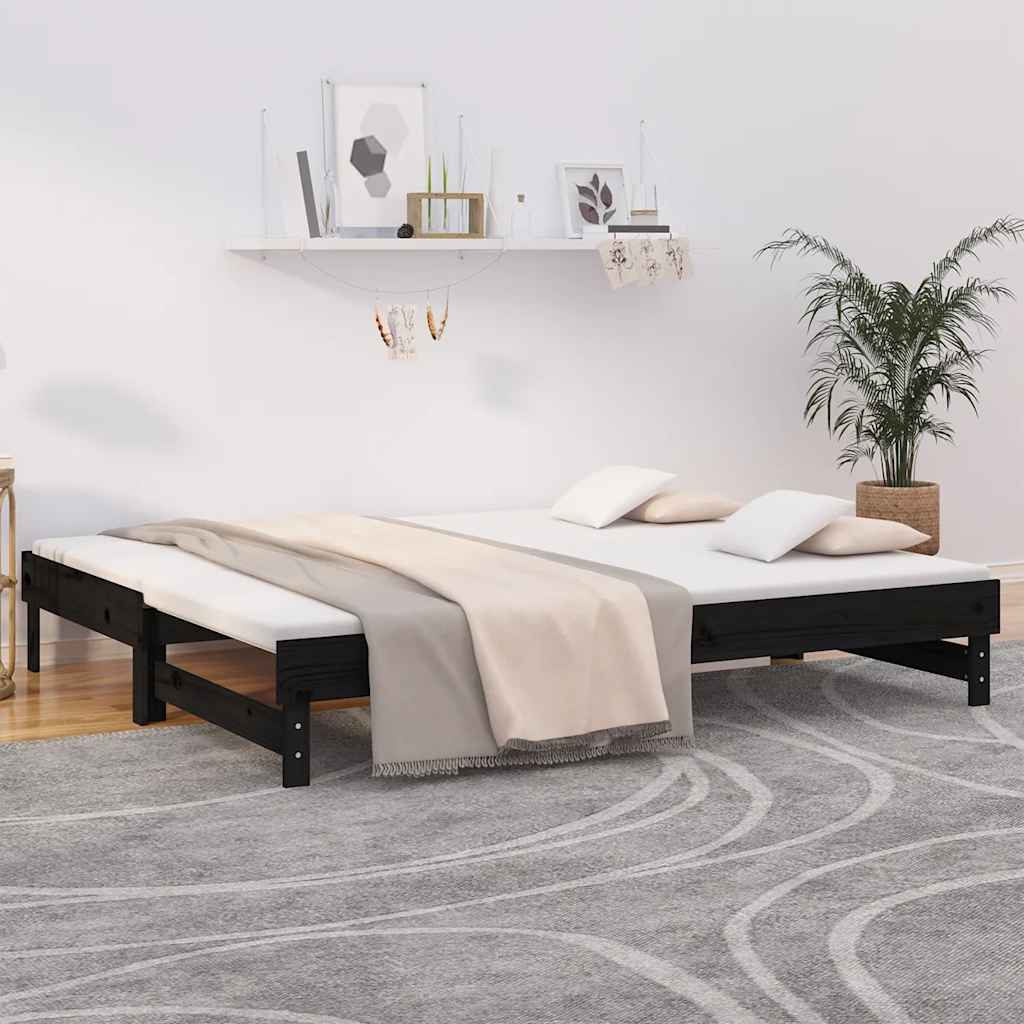 Utdragbar dagbädd svart 2x(80x200) cm massiv furu