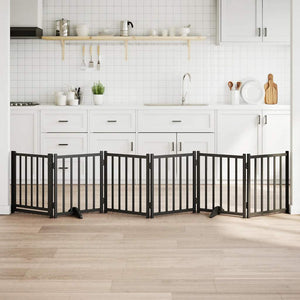 Hundgrind med dörr vikbar 6 paneler svart 300cm massivt granträ