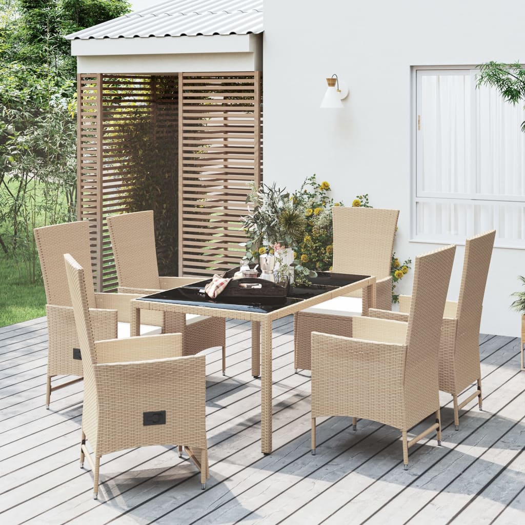 Matgrupp för trädgården med dynor 7 delar beige konstrotting