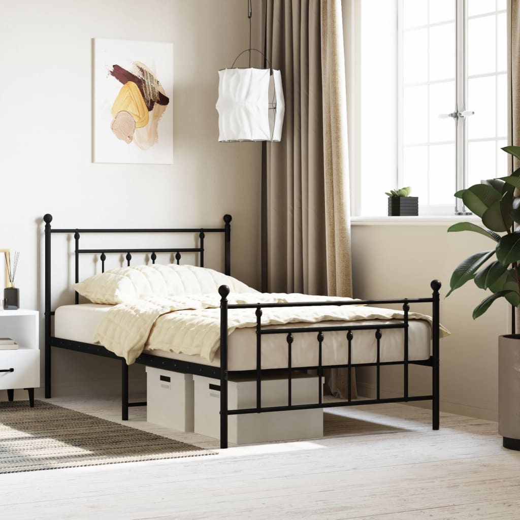 Sängram med huvudgavel och fotgavel svart metall 107x203 cm