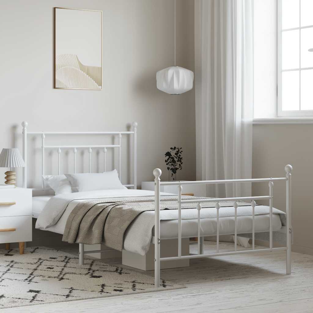 Sängram med huvudgavel och fotgavel vit metall 100x190 cm