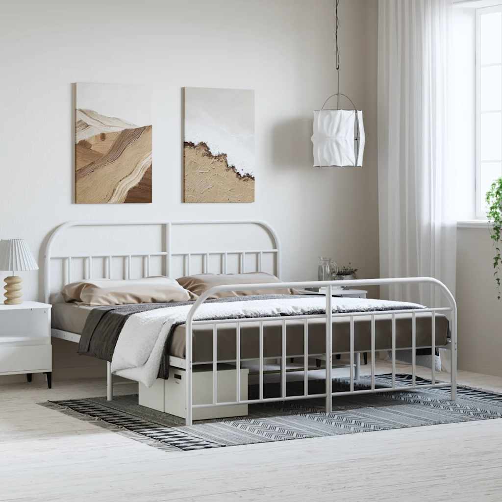 Sängram med huvudgavel och fotgavel vit metall 183x213 cm