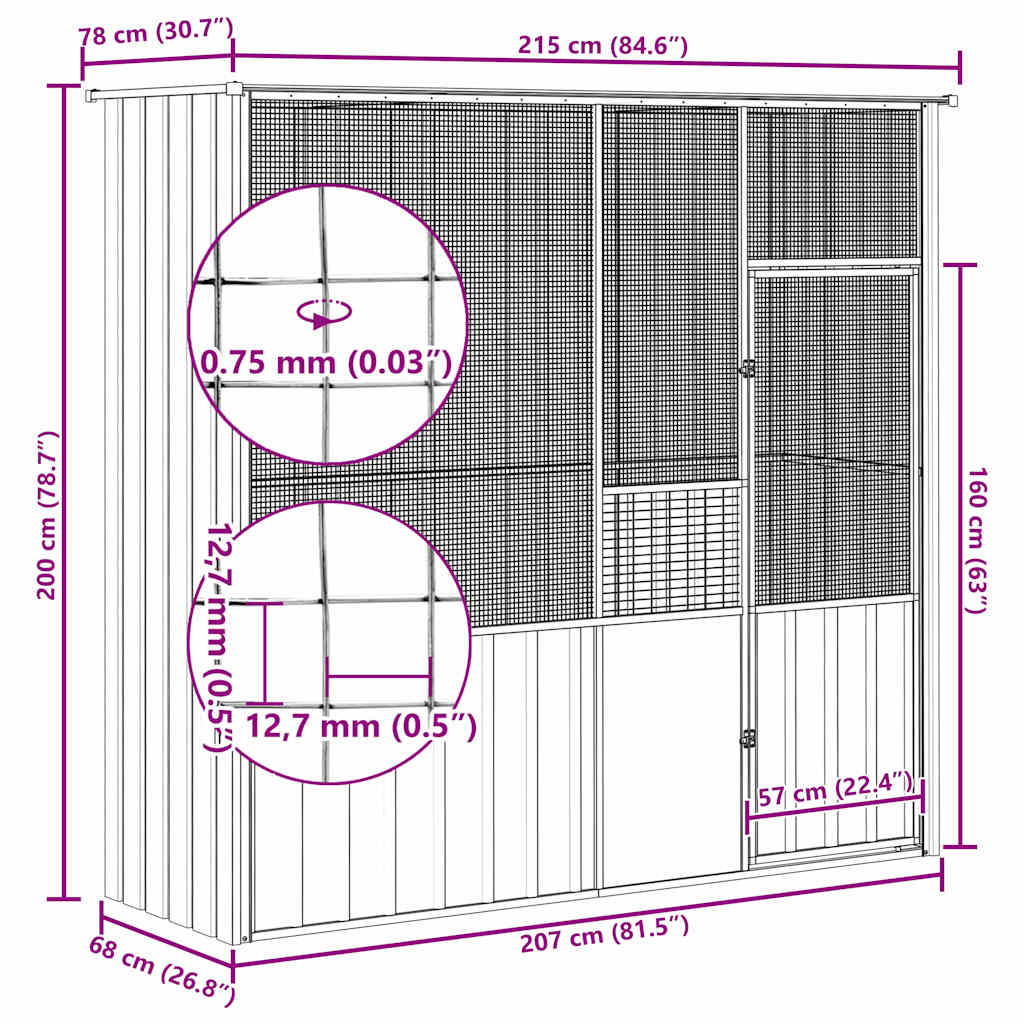 Fågelbur antracit 215x78x200 cm galvaniserat stål