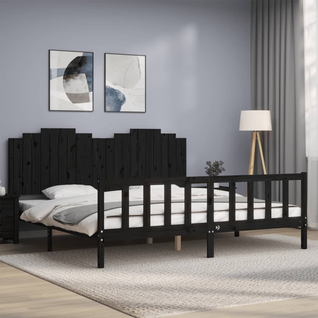 Sängram med huvudgavel svart 200x200 cm massivt trä