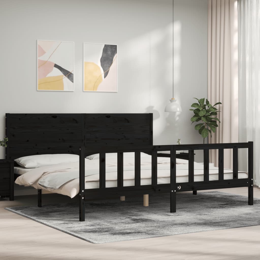 Sängram med huvudgavel svart 200x200 cm massivt trä