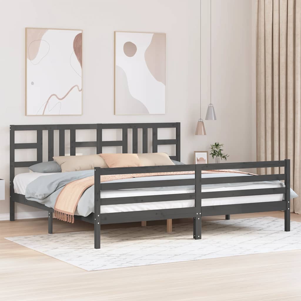 Sängram med huvudgavel grå 200x200 cm massivt trä