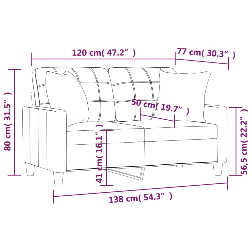 2-sits soffa med prydnadskuddar gräddvit 120 cm konstläder