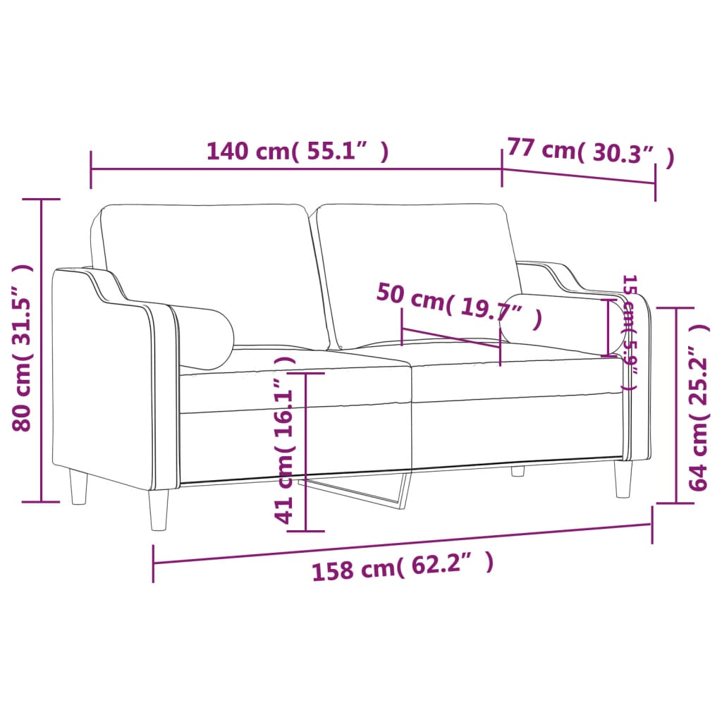 2-sits soffa med prydnadskuddar vinröd 140 cm tyg