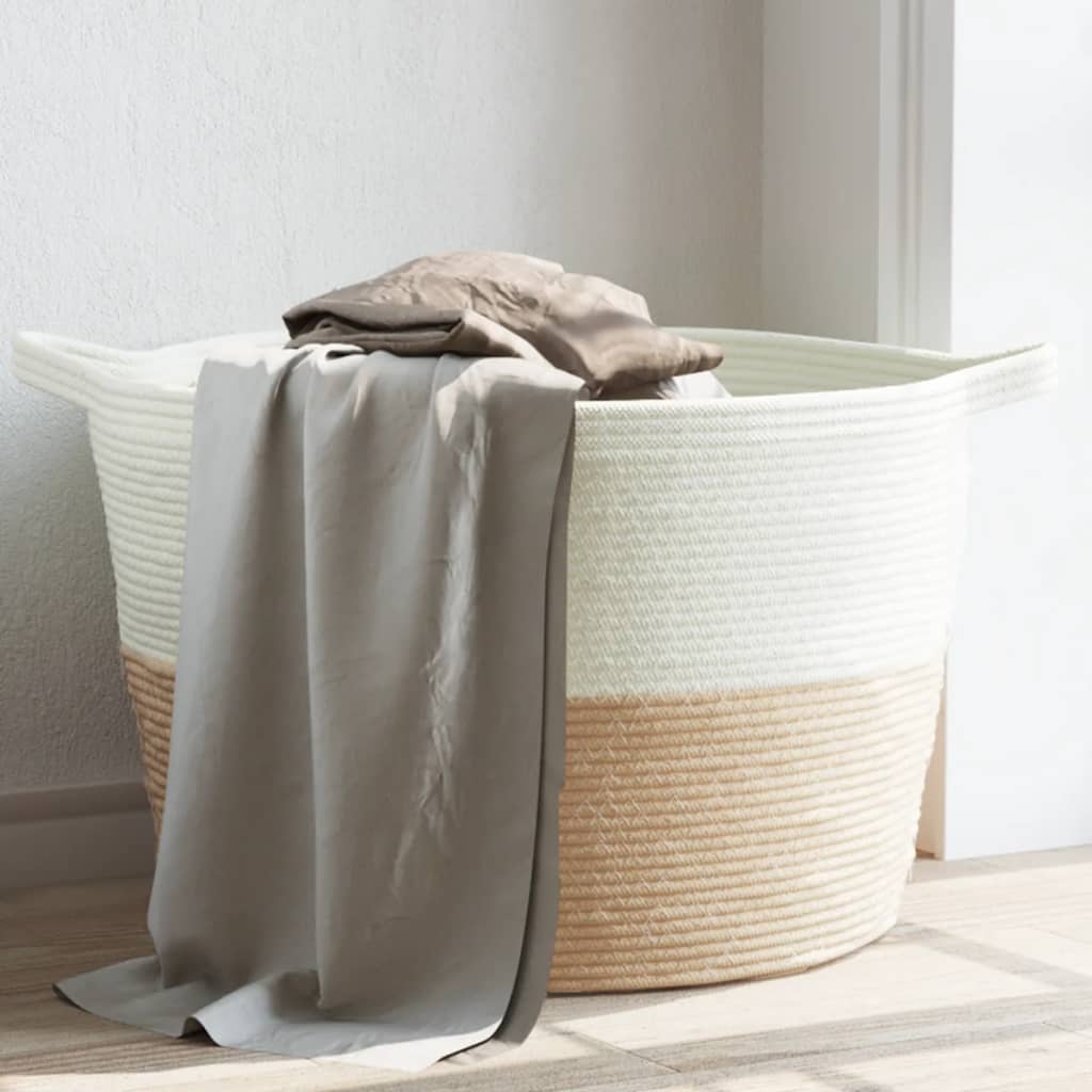 Tvättkorg beige och vit Ø60x36 cm bomull