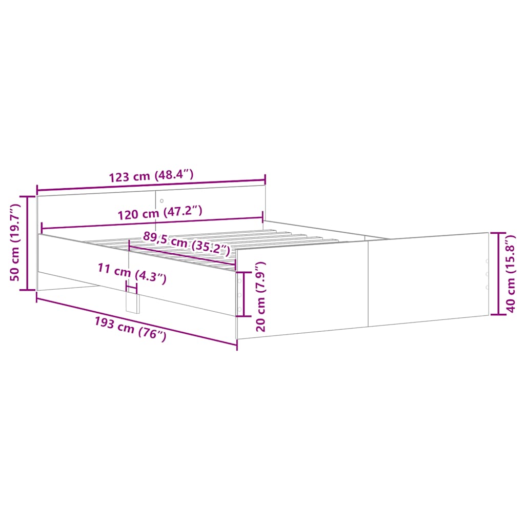 Sängram med huvudgavel och fotgavel brun ek 120x190 cm