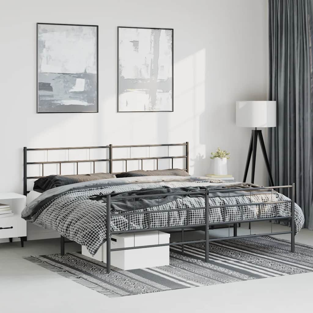 Sängram med huvudgavel och fotgavel svart metall 193x203 cm