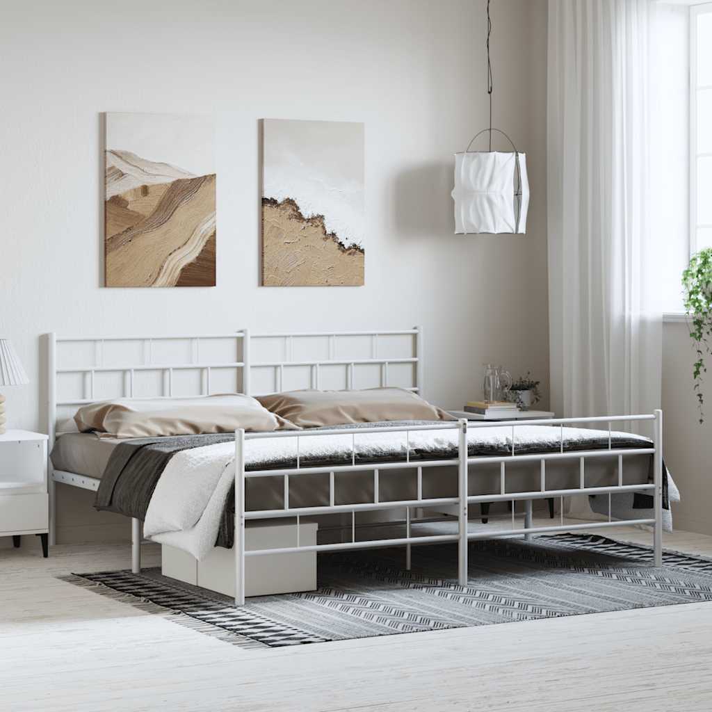 Sängram med huvudgavel och fotgavel vit metall 183x213 cm