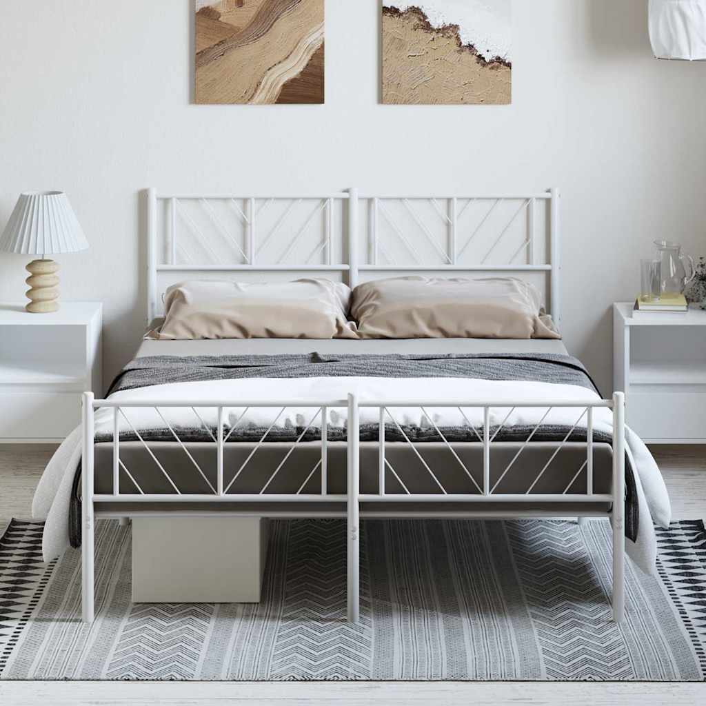Sängram med huvudgavel och fotgavel vit metall 150x200 cm