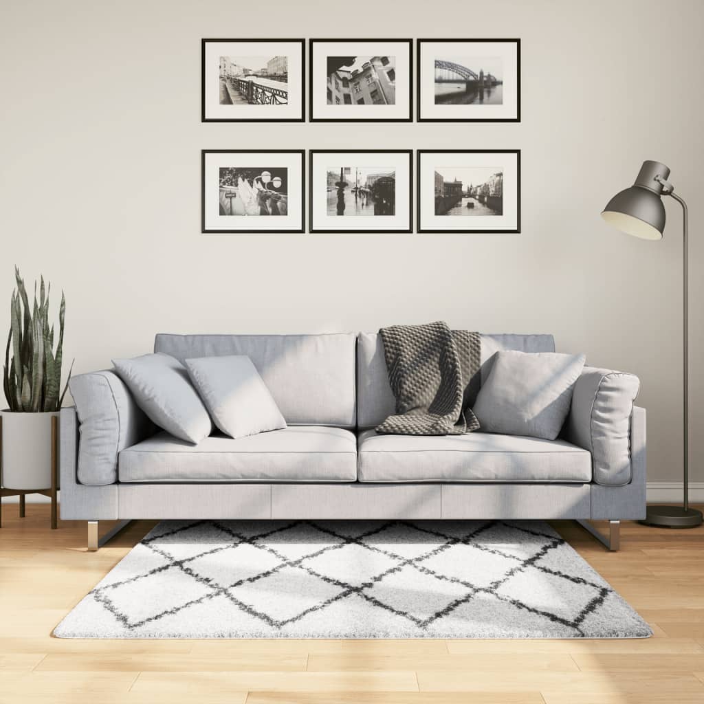 Ryamatta PAMPLONA lång lugg modern gräddvit & svart 120x170 cm