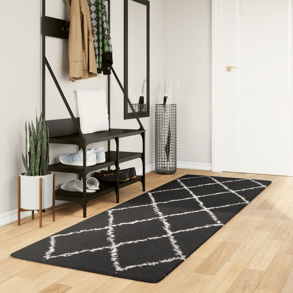 Ryamatta PAMPLONA lång lugg modern svart & gräddvit 80x250 cm