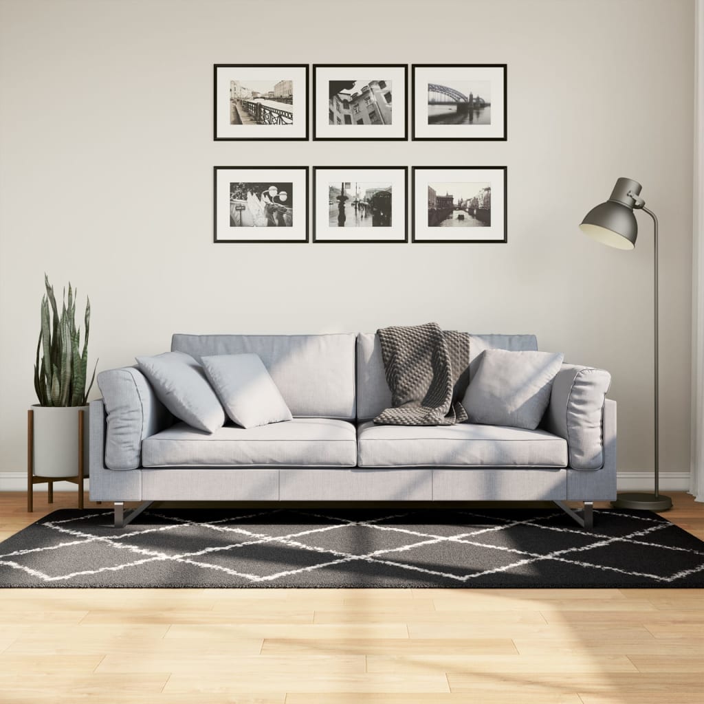 Ryamatta PAMPLONA lång lugg modern svart & gräddvit 100x200 cm