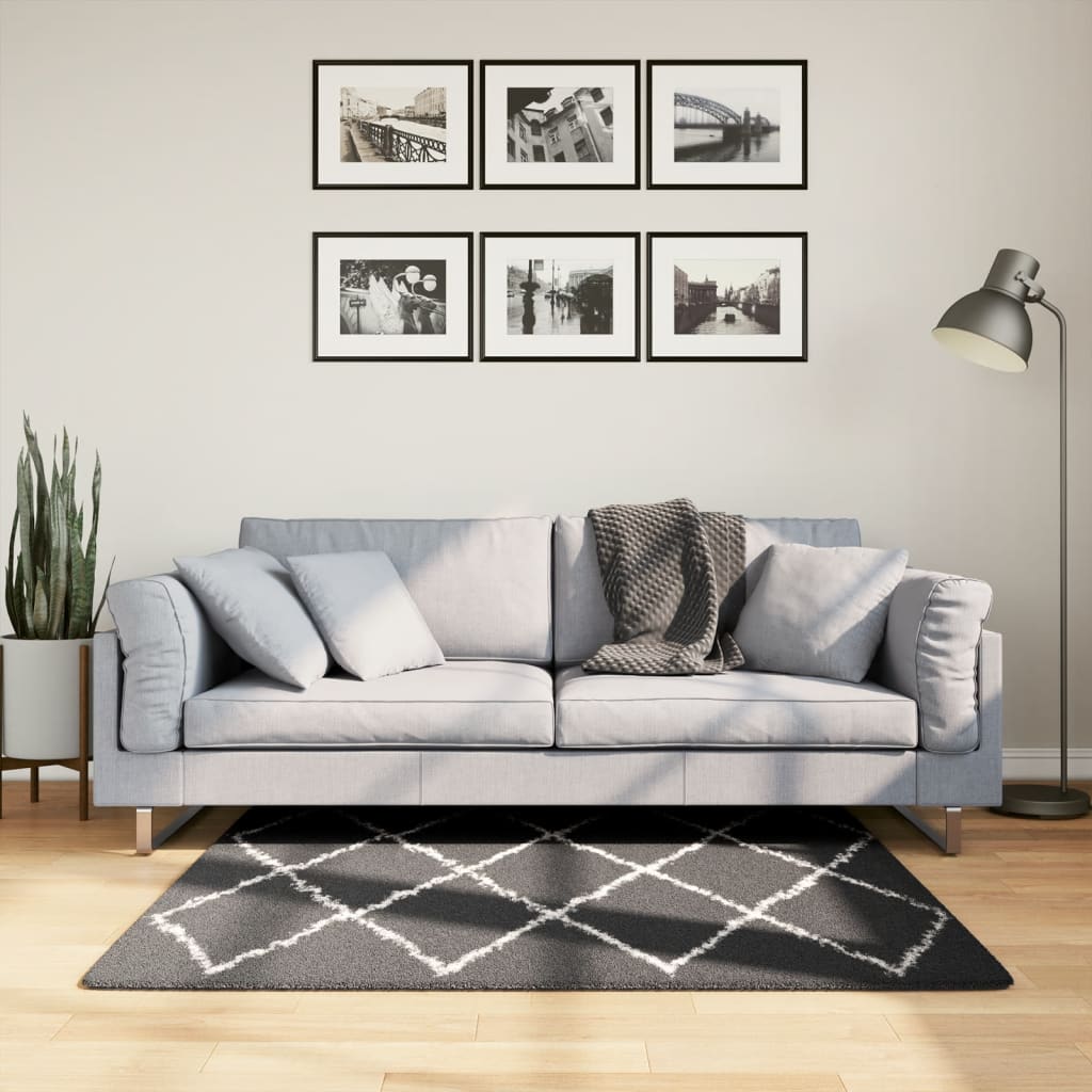 Ryamatta PAMPLONA lång lugg modern svart & gräddvit 120x120 cm