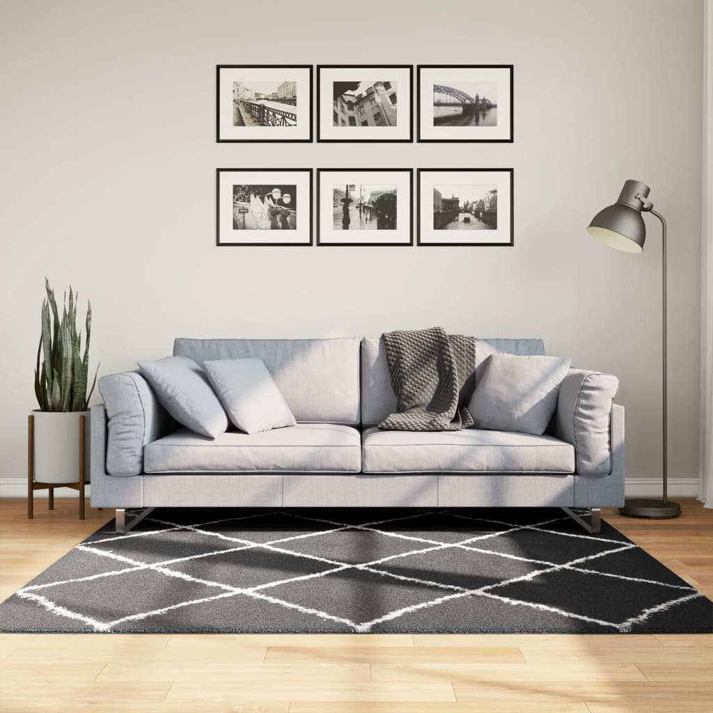 Ryamatta PAMPLONA lång lugg modern svart & gräddvit 160x160 cm