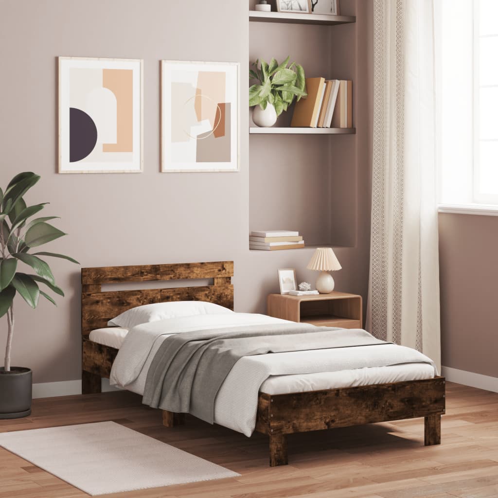 Sängram med huvudgavel rökfärgad ek 100x200 cm konstruerat trä