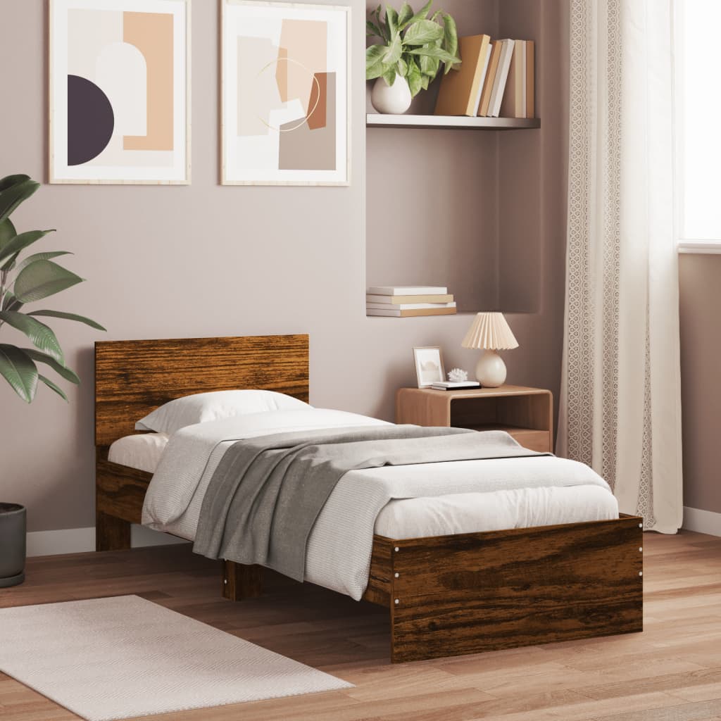 Sängram med huvudgavel rökfärgad ek 75x190 cm konstruerat trä