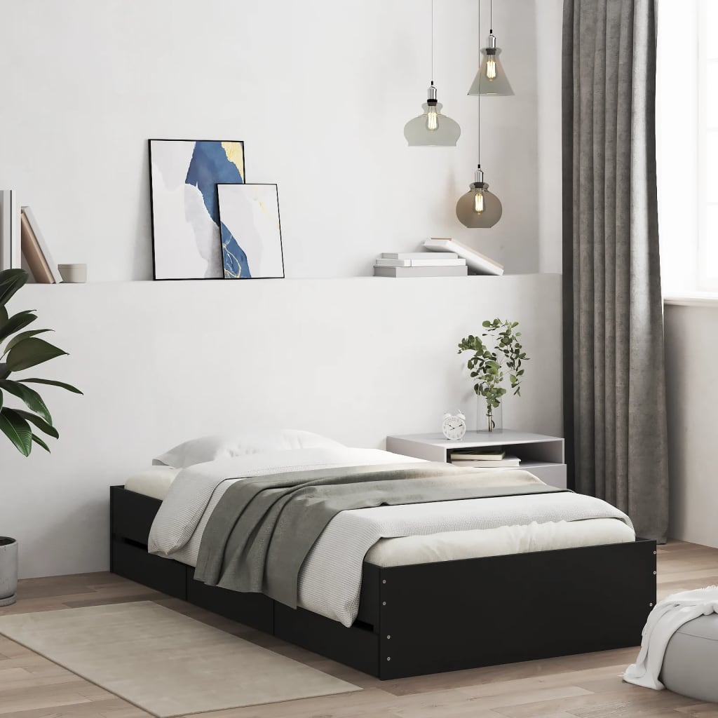 Sängram med lådor svart 90x200 cm konstruerat trä