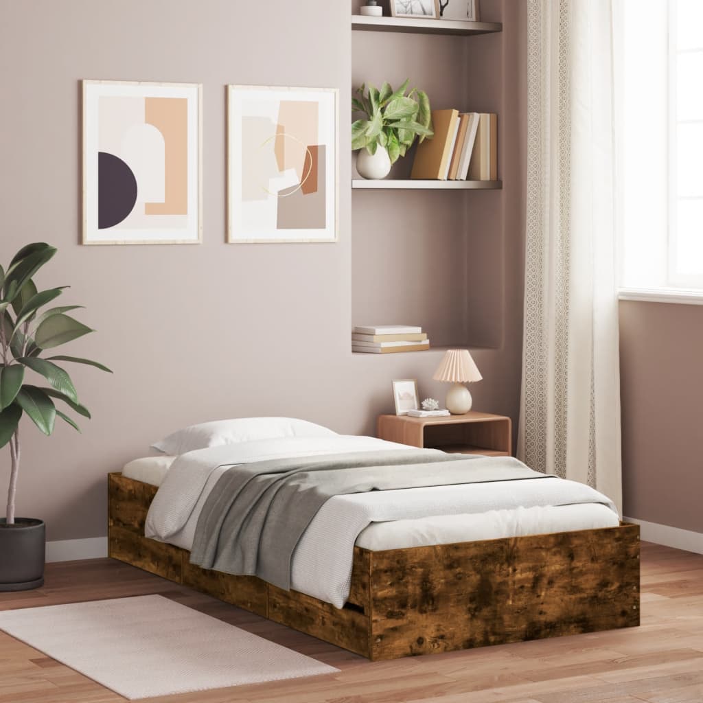 Sängram med lådor rökfärgad ek 75x190 cm konstruerad trä